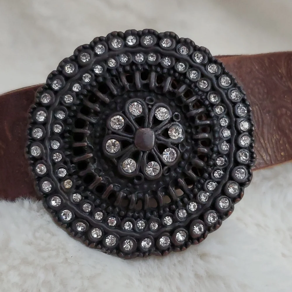 Fossil Jeweled Buckle Leather Embossed Leather Belt